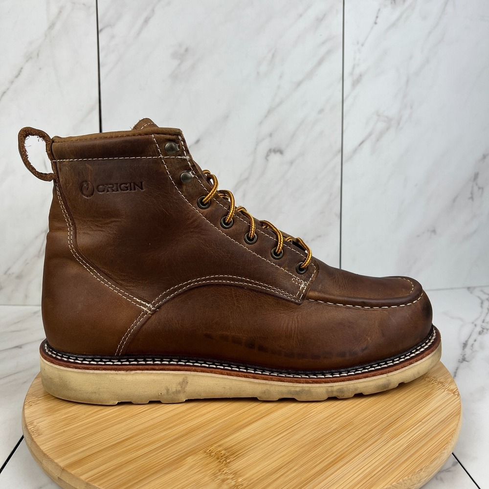 Origin Maine Moc Toe Mens Size 13 Brown Leather 6" Natural Wedge Sole Boots